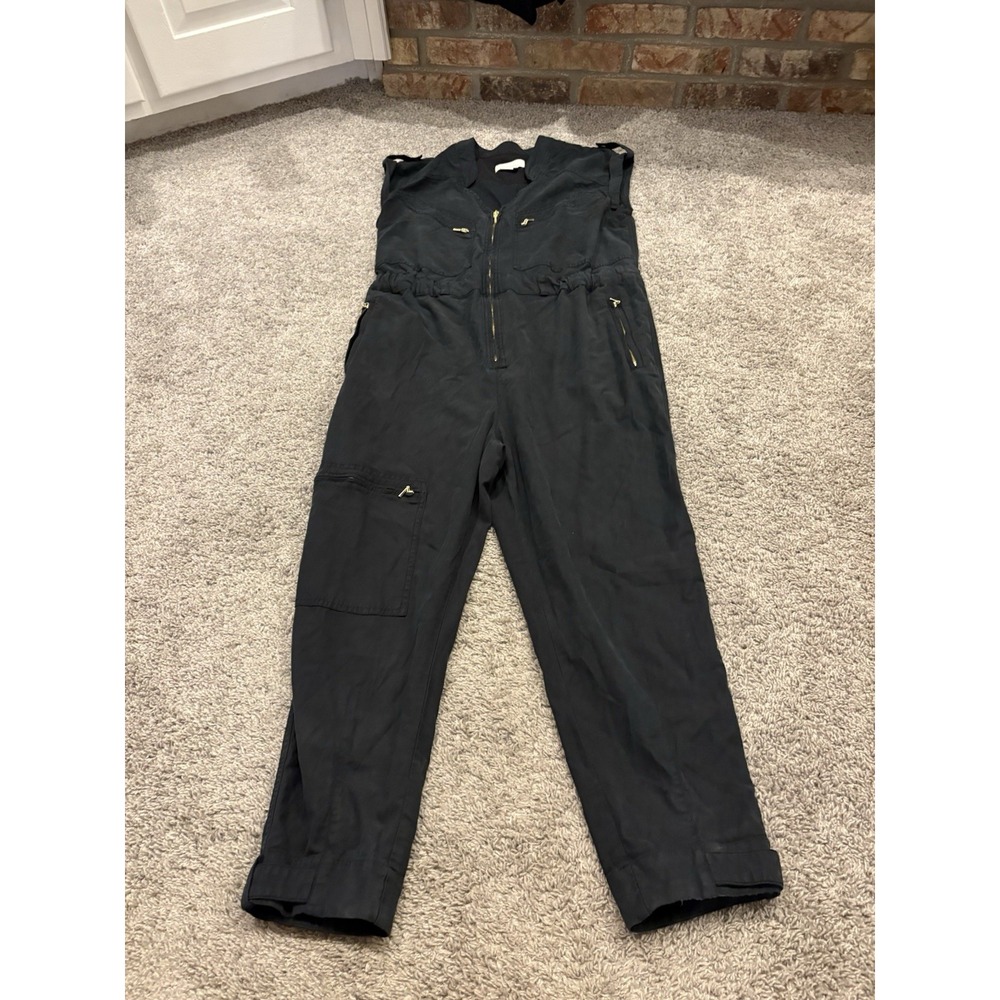 Anthropologie Jumpsuit Womens Utility Zip Cargo Pockets Stretch Cinch Large L